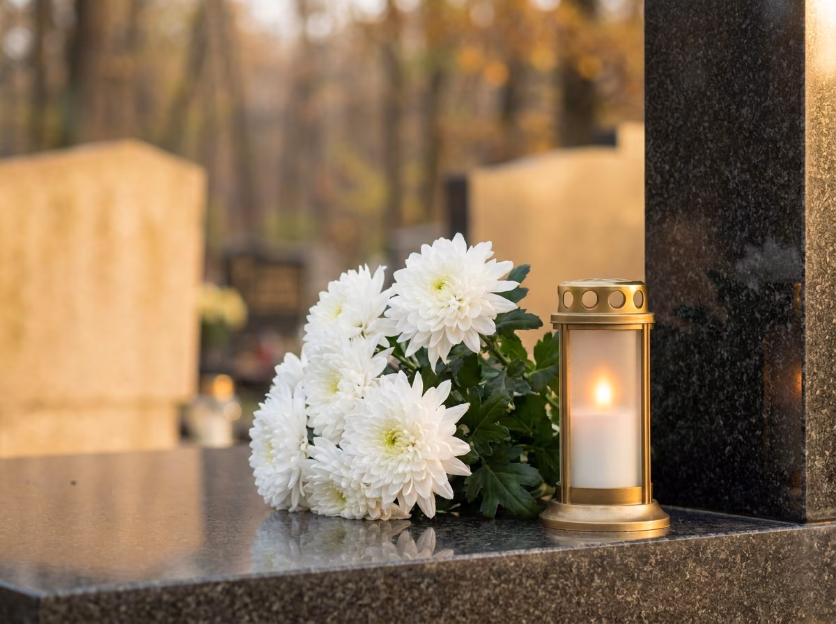 Białe chryzantemy i zapalony znicz na granitowym nagrobku